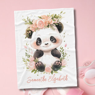 Baby Panda Rosa Blommor Baby Flicka Present Fleecefilt