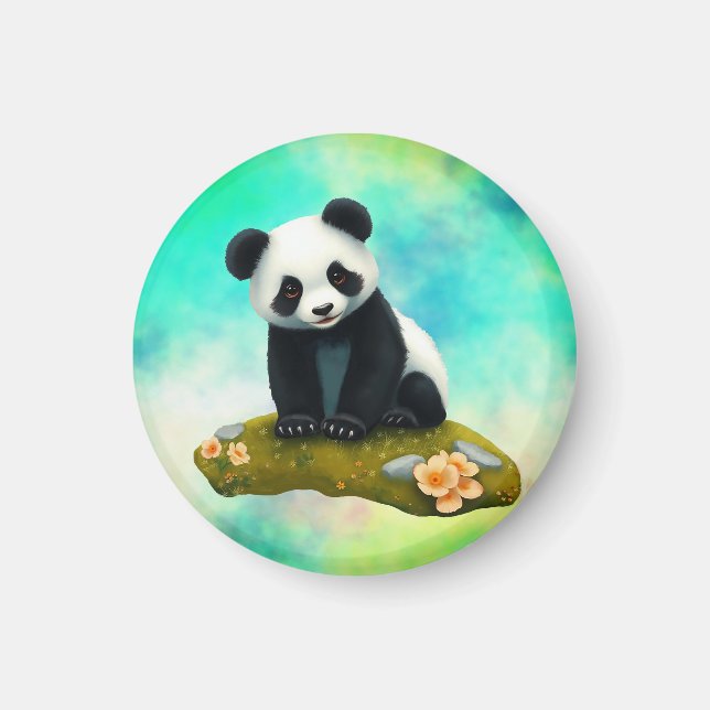 Baby Panda Smelling Flowers Magnet (Framsidan)
