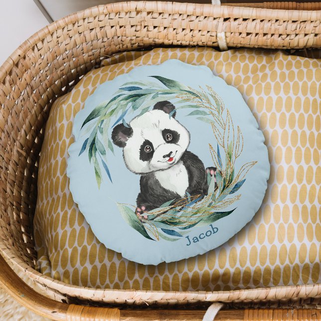 Baby Pandabjörn i krans för barnkammare rund kudde (Skapare uppladdad)