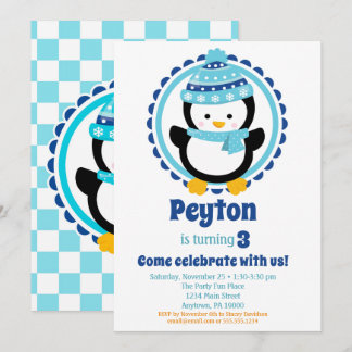Baby Penguin Blue Winter Födelsedagsfest Inbjudningar