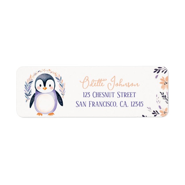 Baby Penguin Boho Blommigt Design - Returadress Etikett (Framsidan)