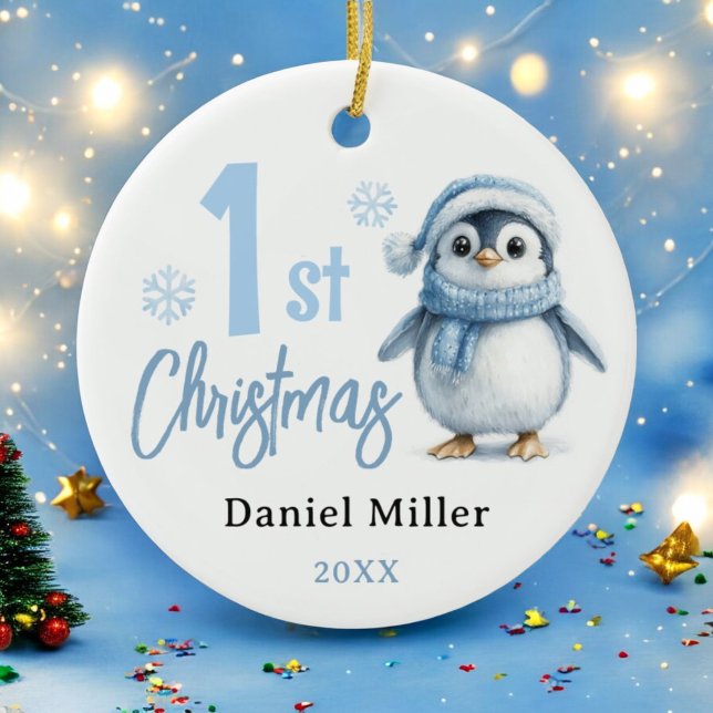Baby Penguin Boy Första jul 2024 Julgransprydnad Keramik (Skapare uppladdad)