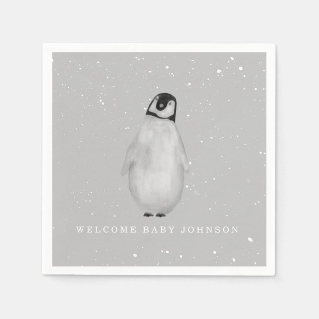 Baby Penguin Grått Winter Neutralt Baby Shower Pappersservett (Framsidan)
