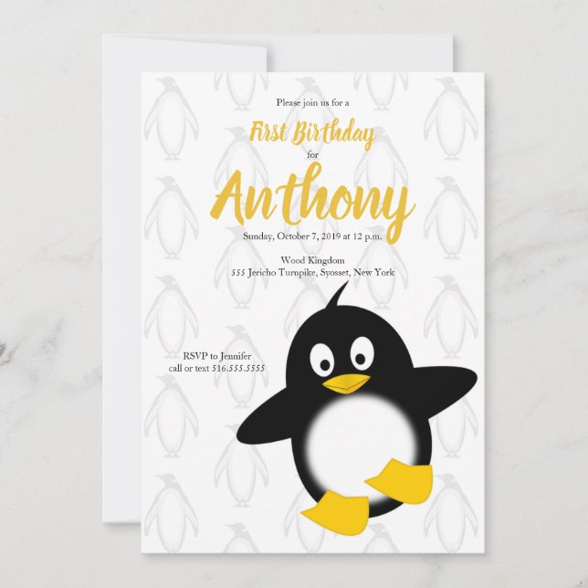 Baby Penguin Gult Black First Birthday Inbjudningar (Framsida)