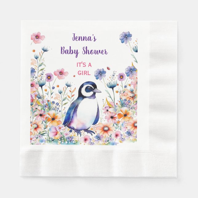 Baby Penguin i Blommor Det är en flicka | Babyskor Pappersservett (Framsidan)