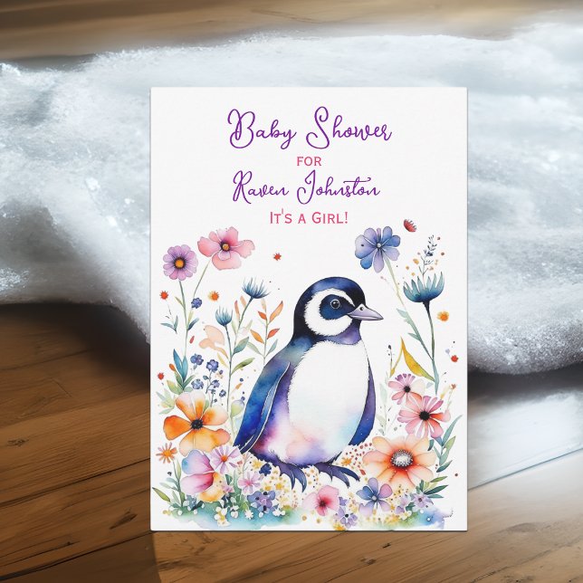 Baby Penguin i Blommor Girl's Baby Shower Inbjudningar (Skapare uppladdad)