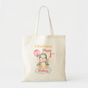 Baby Penguin Lycklig 1:a födelsedag Tote Bag Tygkasse