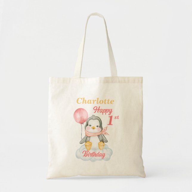 Baby Penguin Lycklig 1:a födelsedag Tote Bag Tygkasse (Framsidan)
