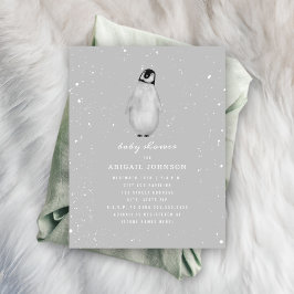 Baby Penguin Neutralt Grått Baby Shower Inbjudningar