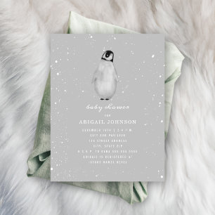 Baby Penguin Neutralt Grått Baby Shower Inbjudningar