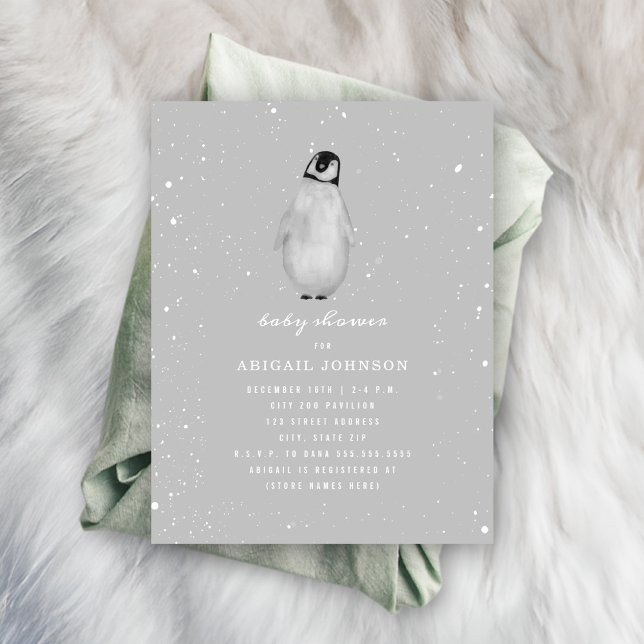 Baby Penguin Neutralt Grått Baby Shower Inbjudningar (Skapare uppladdad)