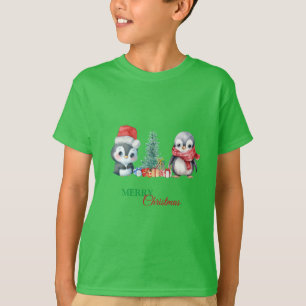 Baby Penguin Santa Red Grönt God jul Party T Shirt