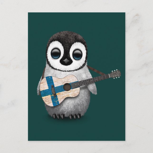 Baby Penguin som spelar den finska Flagga Guitar T Vykort (Framsida)