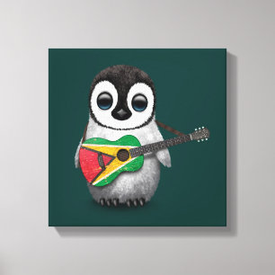 Baby Penguin som spelar Guyana Flagga Guitar Teal Canvastryck