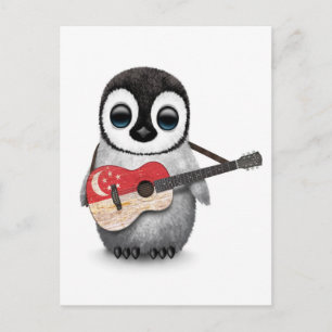 Baby Penguin Spela Singapore Flagga Guitar Vykort