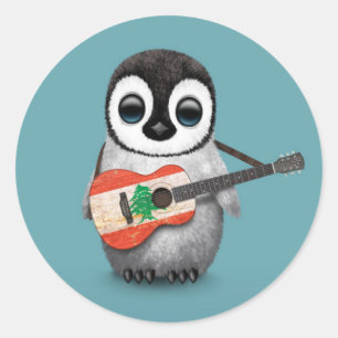 Baby Penguin spelar libanesisk Flagga Guitar Blue Runt Klistermärke