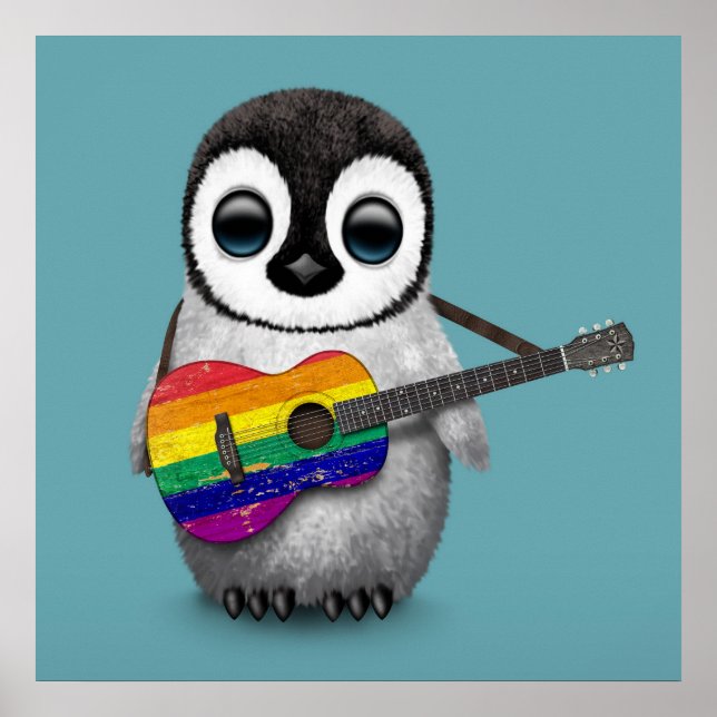 Baby Penguin spelar Rainbow Flagga Guitar Blue Poster (Framsidan)