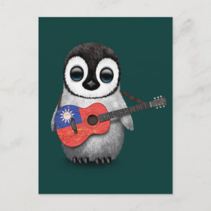 Baby Penguin spelar taiwanesisk Flagga Guitar Teal Vykort