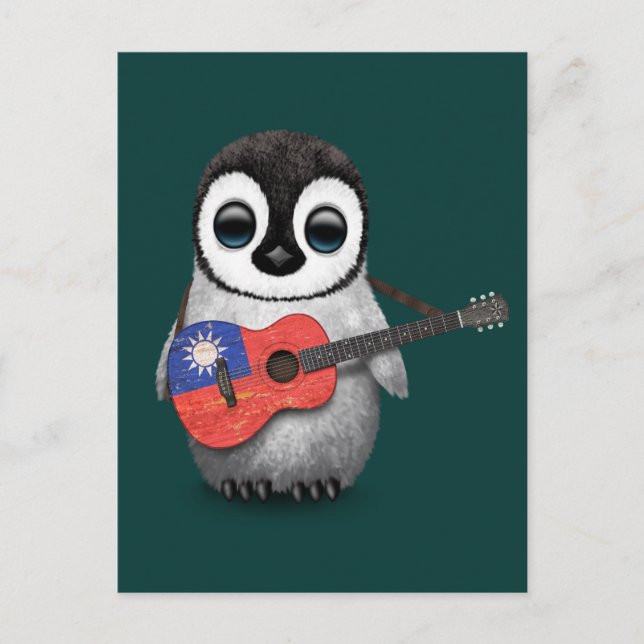 Baby Penguin spelar taiwanesisk Flagga Guitar Teal Vykort (Framsida)