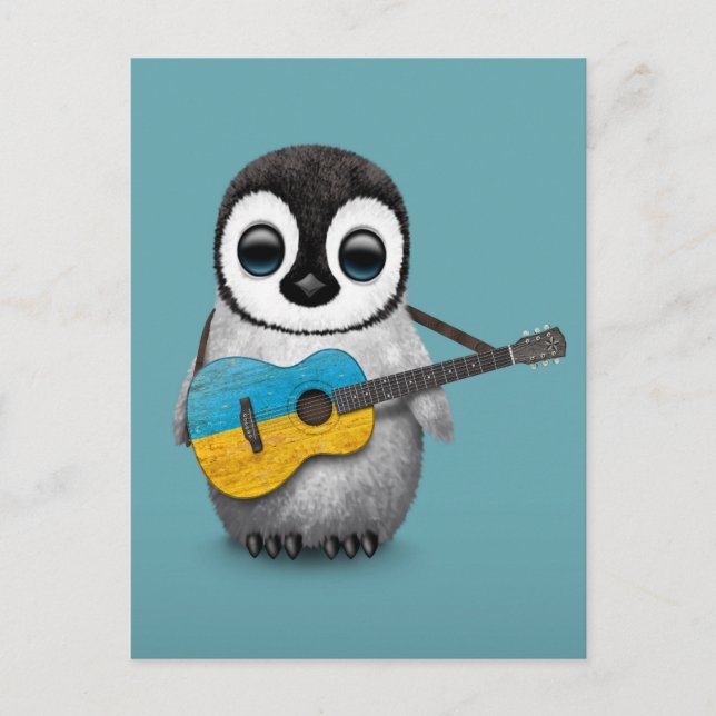 Baby Penguin spelar ukrainsk Flagga Guitar Blue Vykort (Framsida)