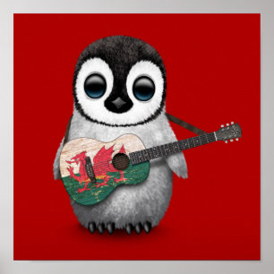 Baby Penguin-uppspelning Welsh Flagga Guitar Red Poster