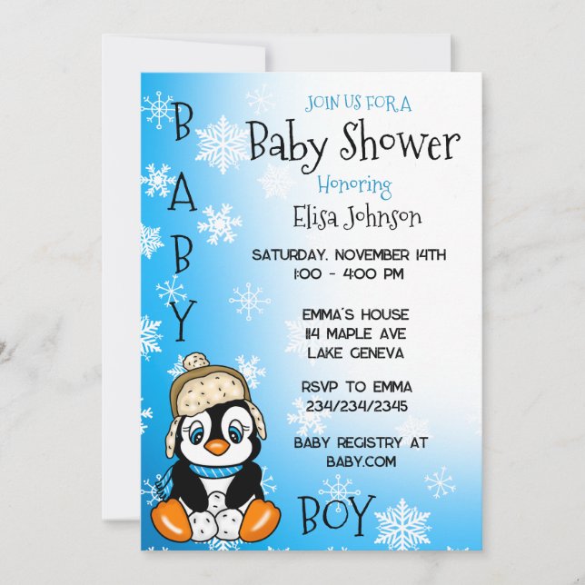 Baby Penguin Winter Baby Shower Inbjudningar (Framsida)