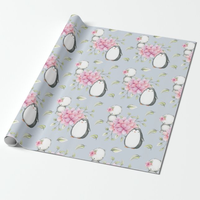 Baby Penguins Rosa och Blue Gift Presentpapper (Utrullad)