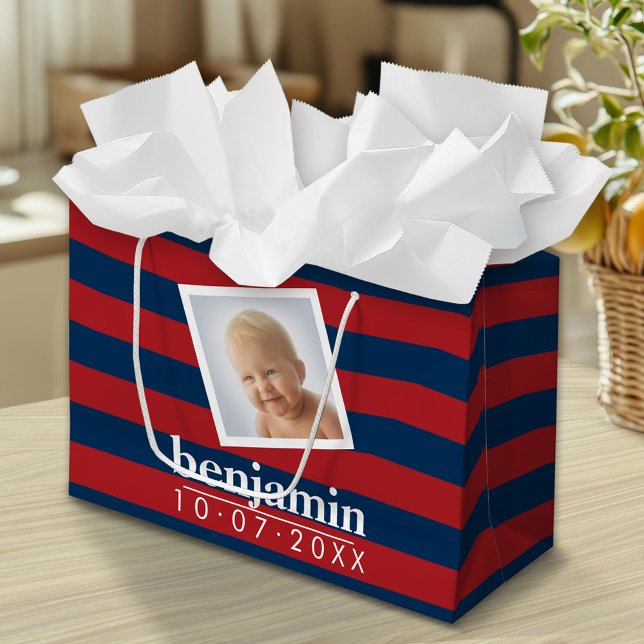 Baby Photo and Birthday Cute Boy Stripe Mönster (Custom Gift Bag)