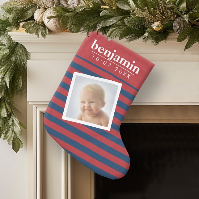 Baby Photo and Birthday Cute Boy Stripe Mönster Liten Julstrumpa (Personalized Christmas Stocking)