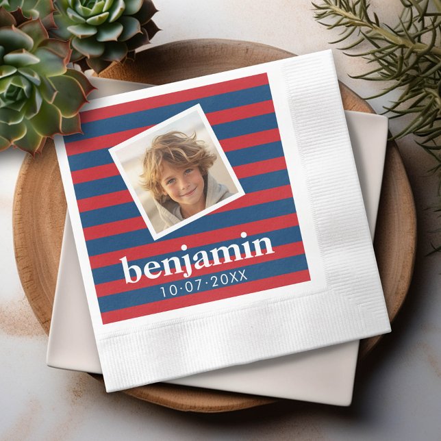 Baby Photo and Birthday Cute Boy Stripe Mönster Pappersservett (Custom Party Napkins)