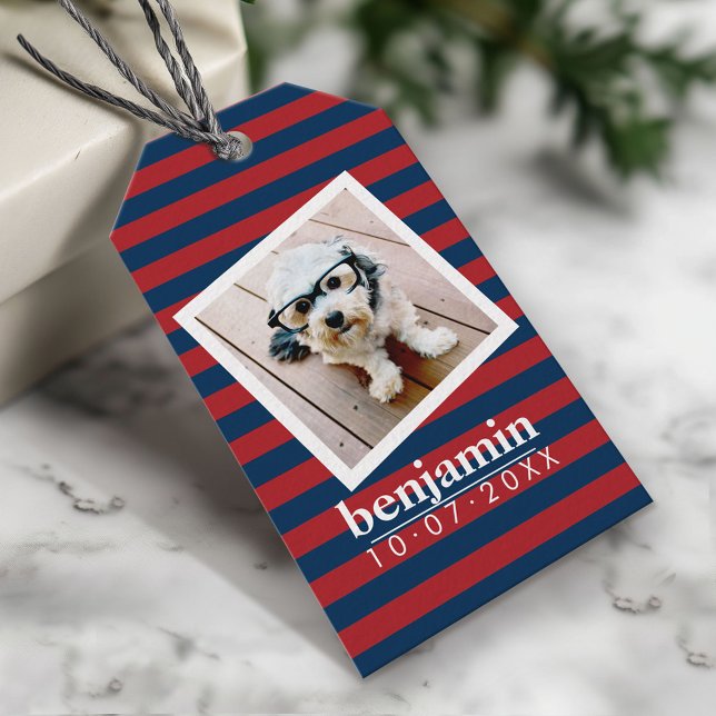 Baby Photo and Birthday Cute Boy Stripe Mönster Presentetikett (Custom Gift Tag)