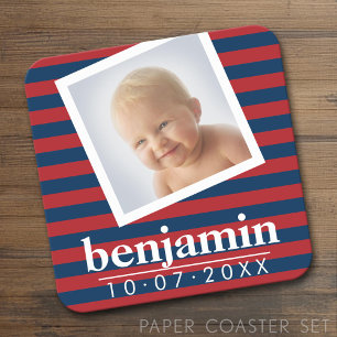 Baby Photo and Birthday Cute Boy Stripe Mönster Underlägg Papper Kvadrat