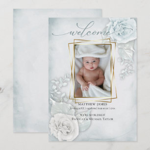 Baby Photo Birth Announcement Blue Blommigt Inbjudningar
