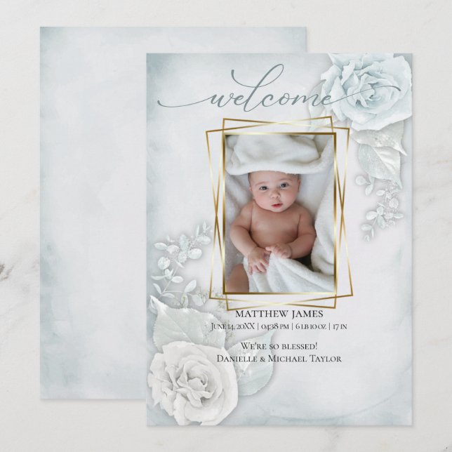 Baby Photo Birth Announcement Blue Blommigt Inbjudningar (Fram/baksida)