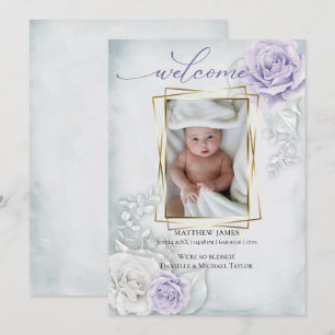 Baby Photo Birth Announcement Blue Lilac Blommigt Inbjudningar