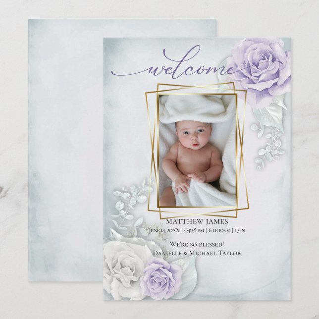 Baby Photo Birth Announcement Blue Lilac Blommigt Inbjudningar (Fram/baksida)