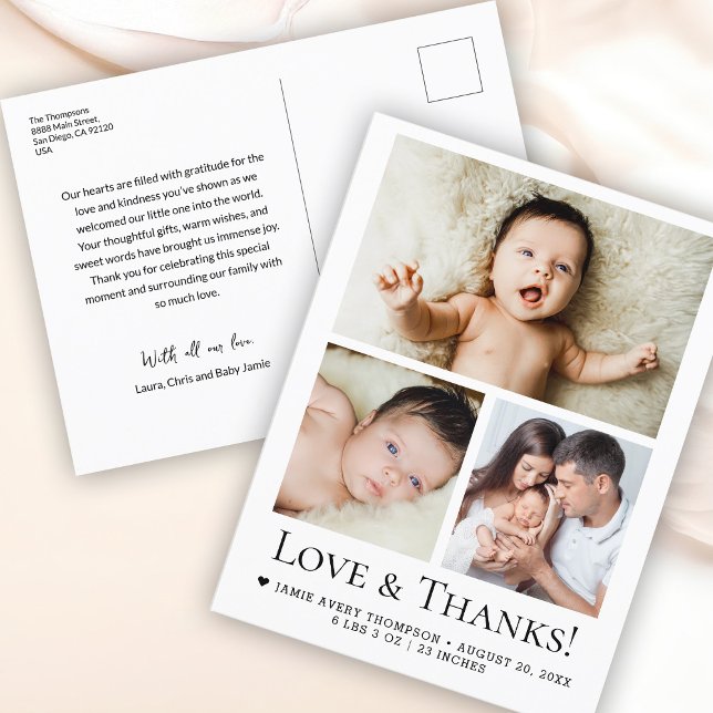 Baby Photo Birth-meddelandet Kärlek och tack Vykort (Customizable 3 baby photo Love and thanks birth announcements postcard.)