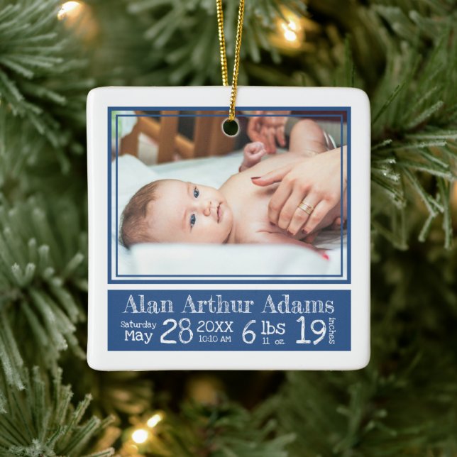 Baby Photo Birth Stats Ornament | Blue Rand (Träd)