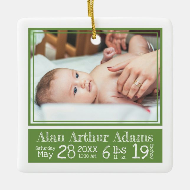 Baby Photo Birth Stats Ornament | Grönt Rand (Framsida)