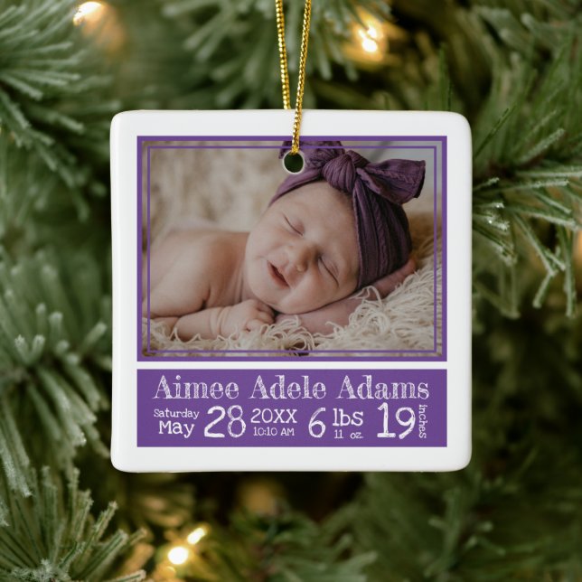 Baby Photo Birth Stats Ornament | Lila Rand (Träd)