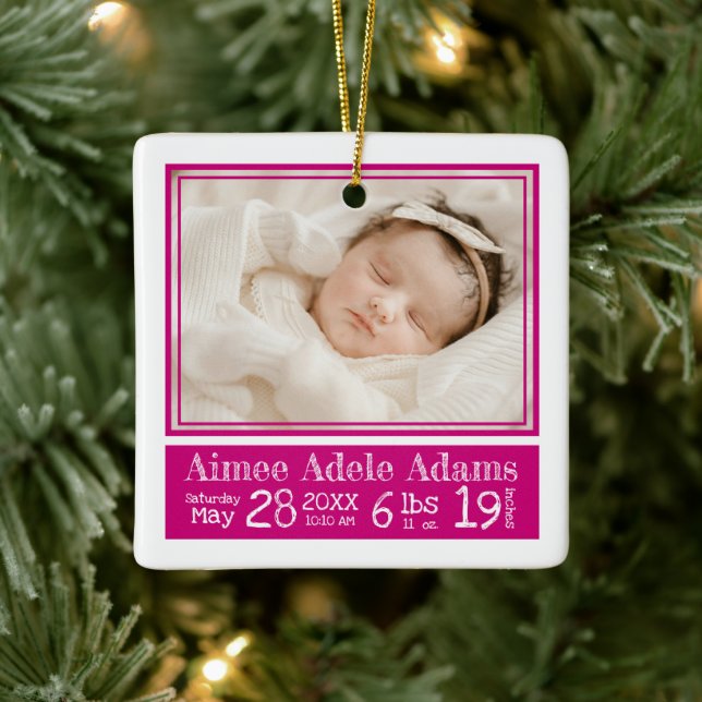 Baby Photo Birth Stats Ornament | Magenta Rand (Träd)