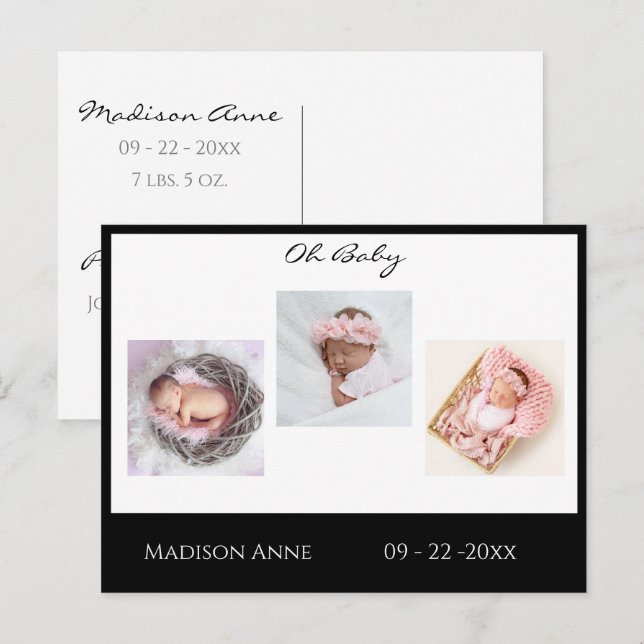 Baby Photo Black Boy eller Girl Script Stats Birth Meddelande Vykort (Fram/baksida)