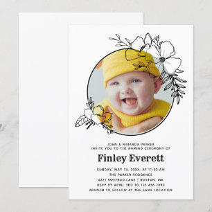 Baby Photo Blommigt Ram Naming Ceremony Inbjudningar