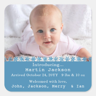 Baby Photo Blue Boy Script Birth Name Announcement Fyrkantigt Klistermärke