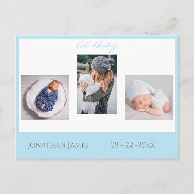 Baby Photo Blue Boy Script Stats Cute Birth Meddelande Vykort (Framsida)