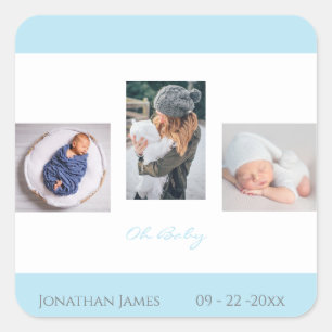 Baby Photo Blue Boy-skript Birth Namn-meddelande Fyrkantigt Klistermärke
