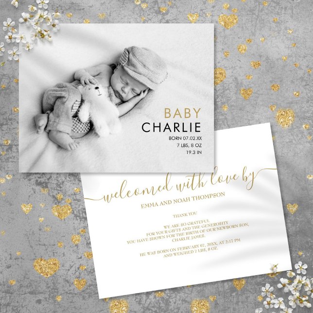 Baby Photo Chic Elegant Modern Guld Bird Meddelande Vykort (Baby Photo Chic Elegant Modern Gold Birth Announcement Postcard)