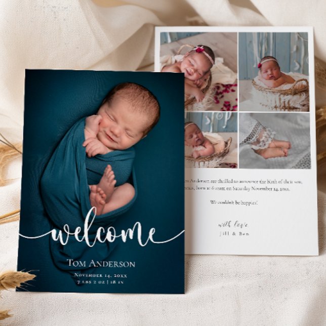 Baby Photo collage Elegant Namn-skript Birth Meddelande (Skapare uppladdad)