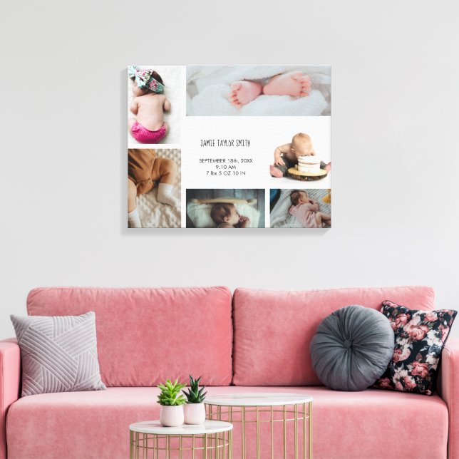 Baby Photo Collage Keepsaké Namn födelsedatum Canvastryck (Insitu (Vardagsrum))
