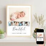 Baby Photo Collage Zigzag Bild Strip Anpassningsba Poster<br><div class="desc">Baby fotokollage poster med personlig och zigzag bild remsan. Mallen är inställd så att du kan lägga till fem foton. Huvudfotot används som bakgrund och de återstående fyra fotona läggs ut i en zigzag bild-remsa längs grund. Den här designen har vit bakgrund, bra grått foto ramar och elegant grått-typografi, vilket...</div>